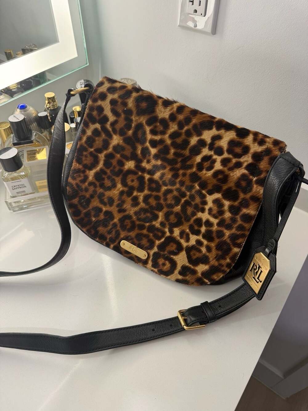 Lauren Ralph Lauren Black Leather and Leopard Print Calf Hair Crossbody Bag